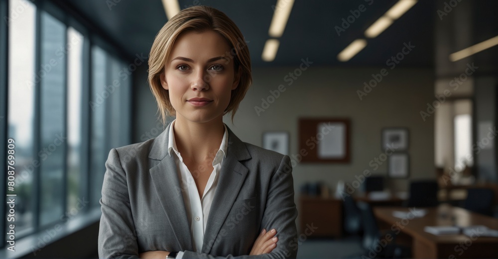 Detailed portrait of successful businesswoman inside office, confidently posing with arms crossed Detailed portrait of successful businesswoman inside office, confidently posing with arms crossed
