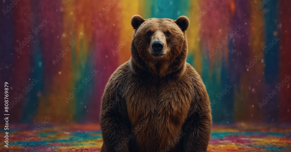 Fashion-forward brown bear wears chic couture outfits against a colorful background, ideal for birthday party invites and banners