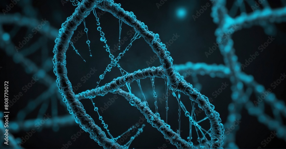 High-detail 4K cyan DNA genome poster with 50mm lens, ample copy space. High-detail 4K cyan DNA genome poster with 50mm lens, ample copy space.
