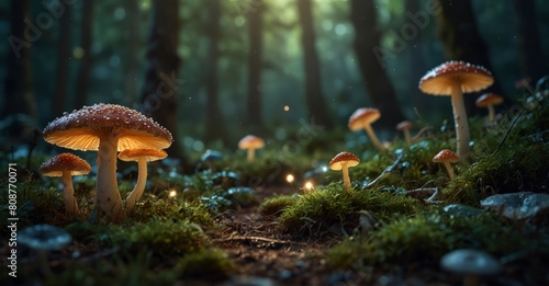 High-detail digital art of fantasy enchanted fairy tale forest with magical mushrooms. Beautiful macro shot of magic fungus illuminated by magic light