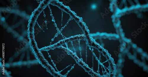  High-detail 4K cyan DNA genome poster with 50mm lens, ample copy space. photo