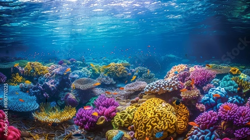 A beautiful underwater scene of a vibrant coral reef with colorful fish swimming around