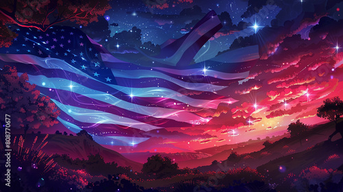 An artistic portrayal of a giant American flag rippling across a landscape each stripe representing a different historical battle and stars shining  photo
