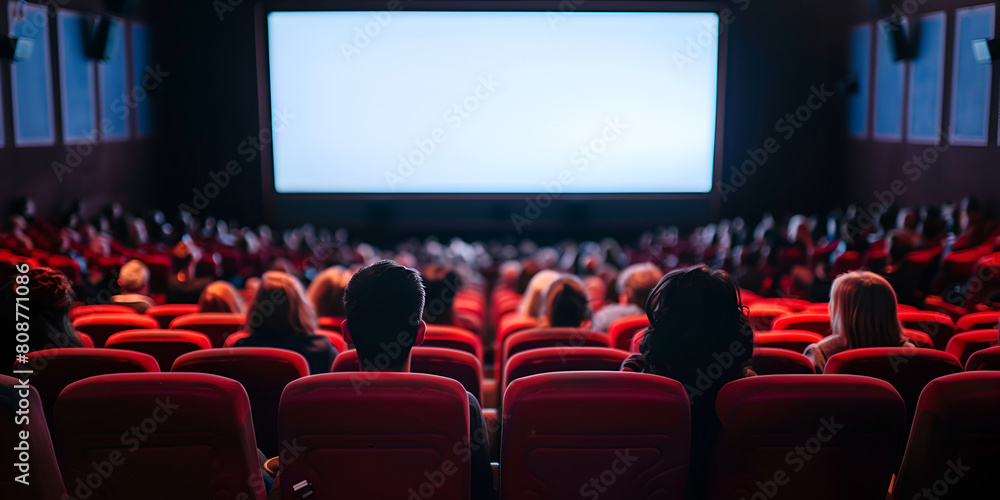 Movie theater blank screen mock up modern cinema with people on red seats template with black background