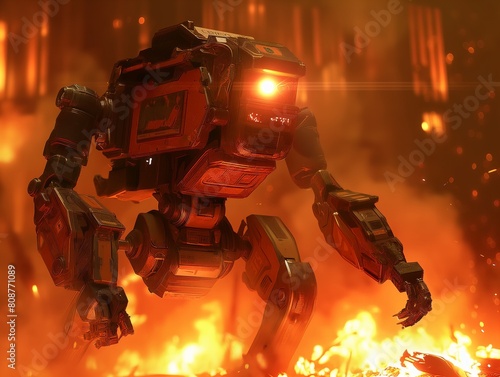 A robot is standing in a fiery environment. The robot is orange and has a menacing look on its face. The scene is dark and ominous, with the fire creating a sense of danger and chaos