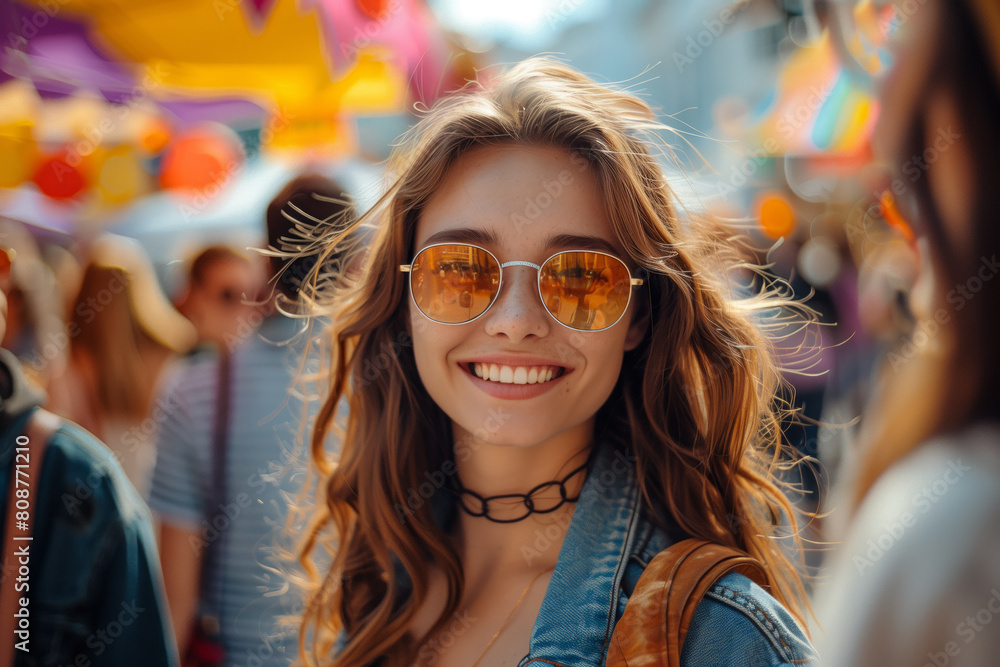 Smiling young woman with curly hair and glasses at a sunny outdoor festival Smiling young woman with curly hair and glasses at a sunny outdoor festival