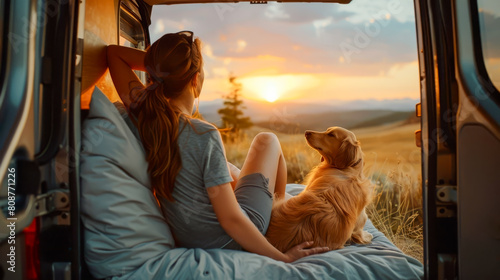 Woman travel with dog pet. Young woman with her dog watching the sunset in camper van.