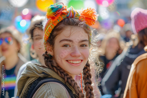 oyful young girl with braided hair and colorful hat at a vibrant outdoor event