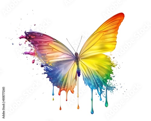 image of rainbow liquid splash emanating from a white butterfly against a white background. Ensure the liquid appears to flow gracefully, with its colors spreading perfectly © iLegal Tech