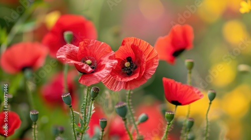 An opium poppies close-up with a blurry backdrop