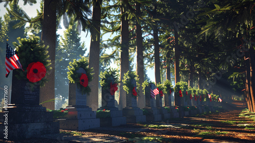 A crisp image of a line of tombstones shadowed by tall trees each decorated with a red poppy and an American flag representing solemnity and remembrance on Memorial Day. photo