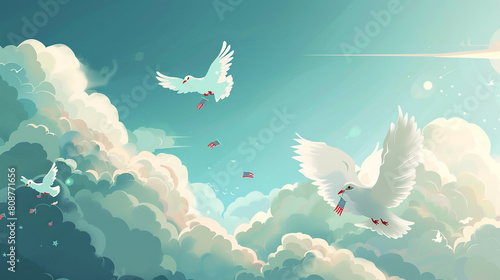 A dreamy illustration of a peaceful Memorial Day morning with doves flying out from behind the clouds each carrying a tiny American flag. photo