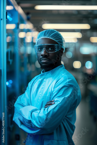 Young Afro-American scientist analyzing specimens in a futuristic laboratory with glasses, blue protective gown and bouffant cap looking at camera. photo