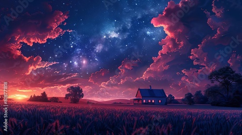 Illustrate a breathtaking frontal view of a serene countryside nestled under a vibrant night sky time-lapse Envision lush fields