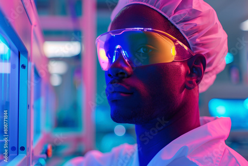Close up portrait of african american man wearing safety glasses and bouffant cap with neon-lit photo