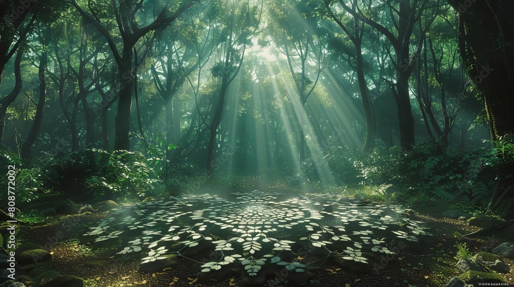Obraz premium Illustrate a lush, tropical forest canopy overhead, casting intricate geometric patterns on the forest floor, emphasizing the interplay of light and natures geometry