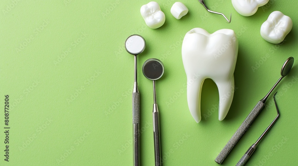White healthy tooth different tools for dental care. Dental background green background White healthy tooth different tools for dental care. Dental background green background