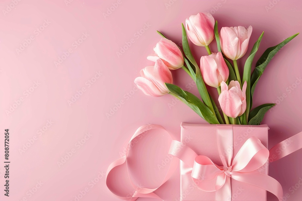 Pink Tulips and Gift Box on Pink Background Pink Tulips and Gift Box on Pink Background