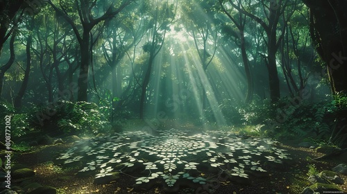 Illustrate a lush  tropical forest canopy overhead  casting intricate geometric patterns on the forest floor  emphasizing the interplay of light and natures geometry