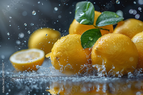 Lemons with leaves being splashed by water