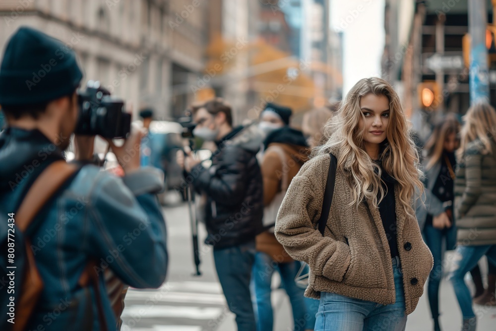Fototapeta premium woman standing on a city street, capturing a image with a camera