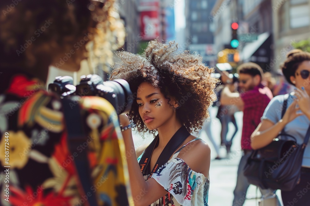 woman standing on a city street, capturing an image with a camera