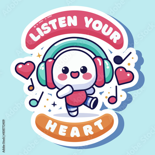 An adorable cartoon character with headphones surrounded by music icons on a blue background, portraying the concept of enjoying music. Vector illustration