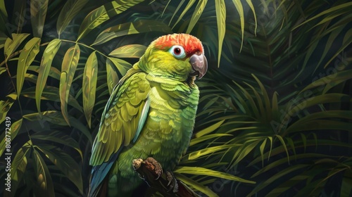 Bird in the habitat. Crimson-fronted Parakeet, Aratinga funschi, portrait of light green parrot with red head, Costa Rica. Wildlife scene from tropical nature photo