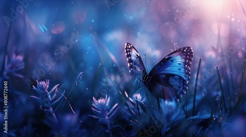 Butterfly in the grass on a meadow at night with the moonlight illuminating nature in shades of blue and purple, macro. Wonderfully magical artistic rendering of a dream © Nijat