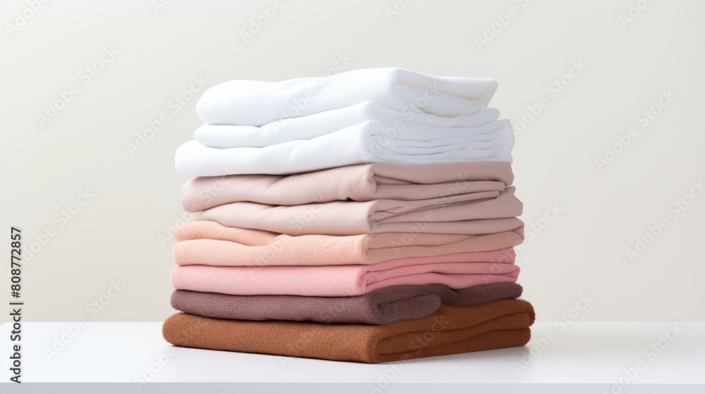 stacked pile of towels in shades from white to dark brown on a white surface against a light background stacked pile of towels in shades from white to dark brown on a white surface against a light background