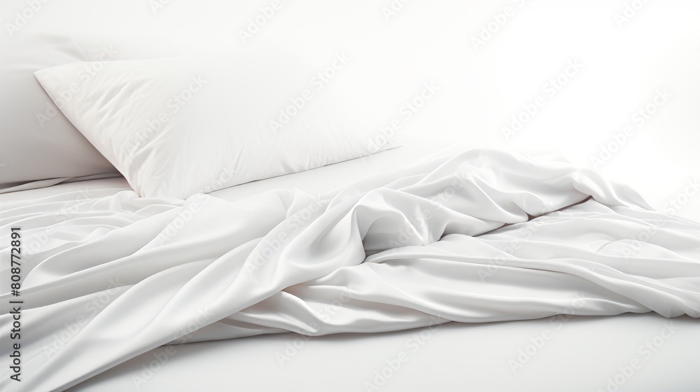 White pillow and unraveled bedsheet on bed with soft lighting White pillow and unraveled bedsheet on bed with soft lighting