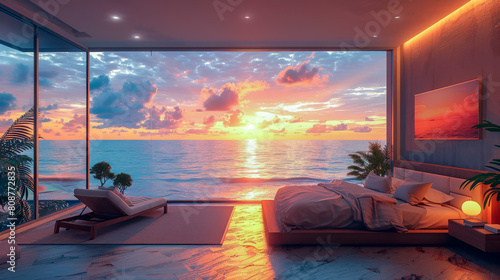 Ocean sunrise view from bedroom balcony for travel hotel concept.