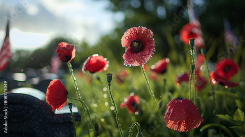 A peaceful morning scene with dew on red poppies beside tombstones and flags offering a fresh and reflective background for Memorial Day wishes. photo