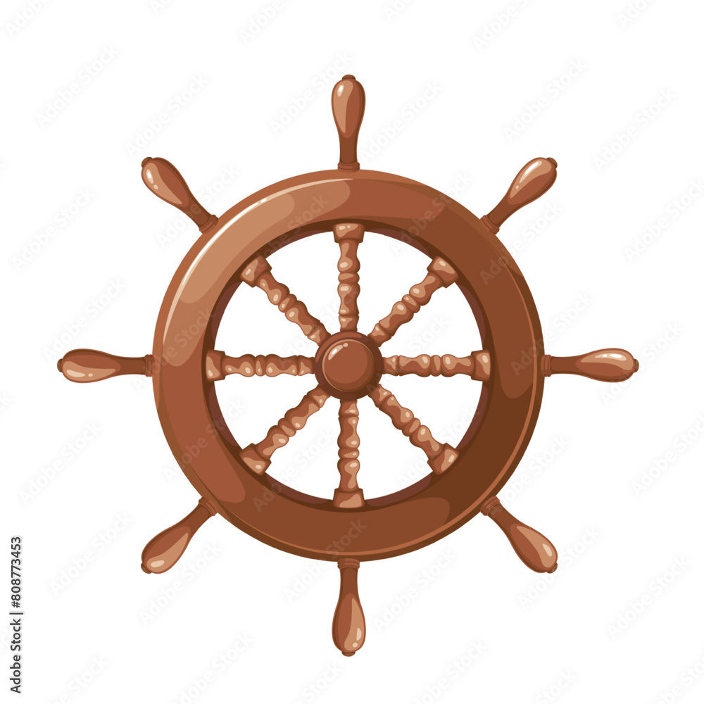Wooden steering wheel, cartoon nautical equipment of ancient ship. Old helm with handles to steer pirate boat and cruise yacht, cartoon wheel of rudder for helmsman and captain vector illustration