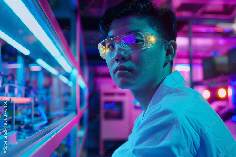 Asian industrial worker operating machinery under neon light conditions Asian industrial worker operating machinery under neon light conditions