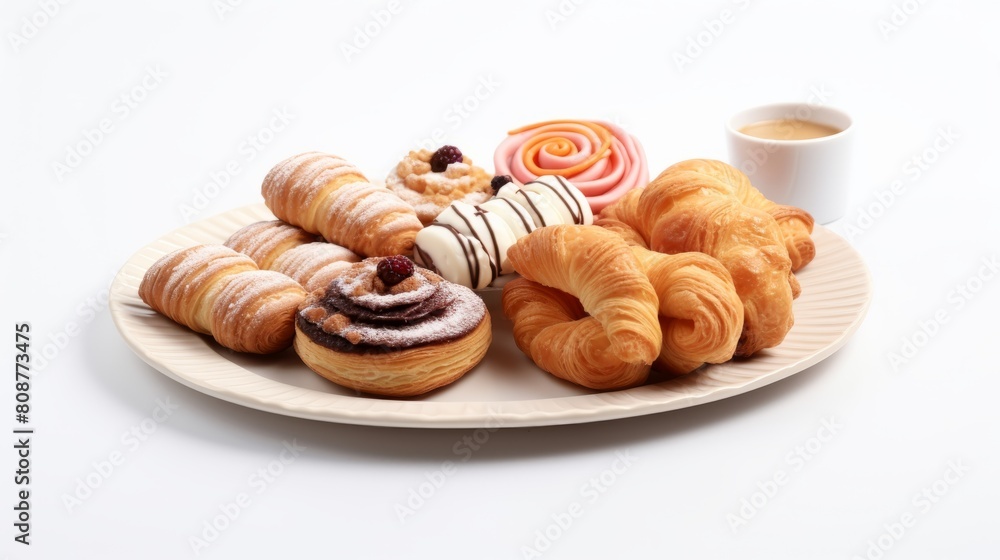 pastries on a round wooden tray, including croissants, donuts, and a cup of coffee pastries on a round wooden tray, including croissants, donuts, and a cup of coffee