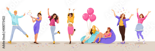 Group of happy animated characters celebrating, with confetti and balloons, vector illustration on a light background, concept of a party scene. Vector illustration