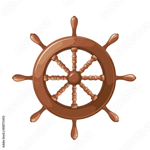 Wooden steering wheel, cartoon nautical equipment of ancient ship. Old helm with handles to steer pirate boat and cruise yacht, cartoon wheel of rudder for helmsman and captain vector illustration photo