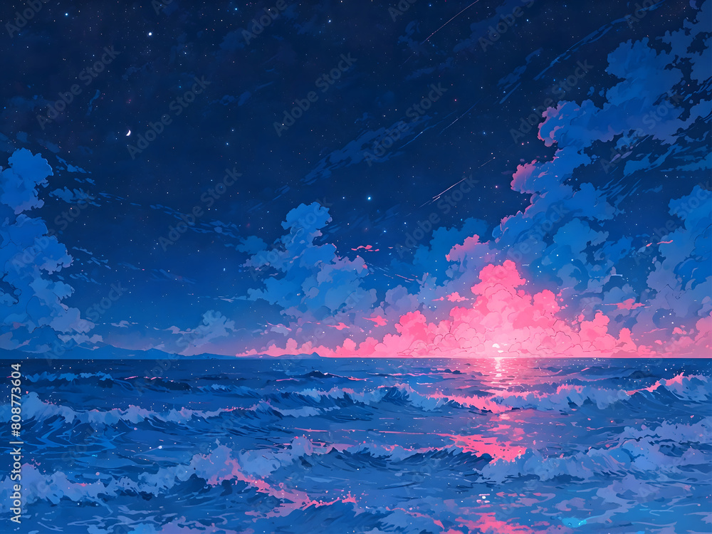 Serene sunset over the ocean. A breathtaking anime-style illustration of a serene sunset over the vast ocean