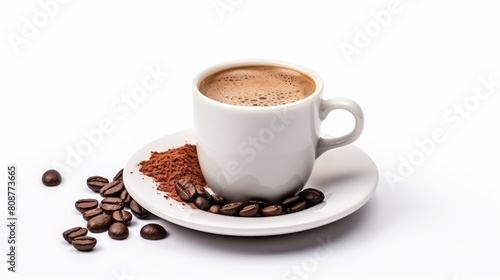 cup of coffee on a saucer  accompanied by scattered coffee beans and ground coffee  set against a white backdrop
