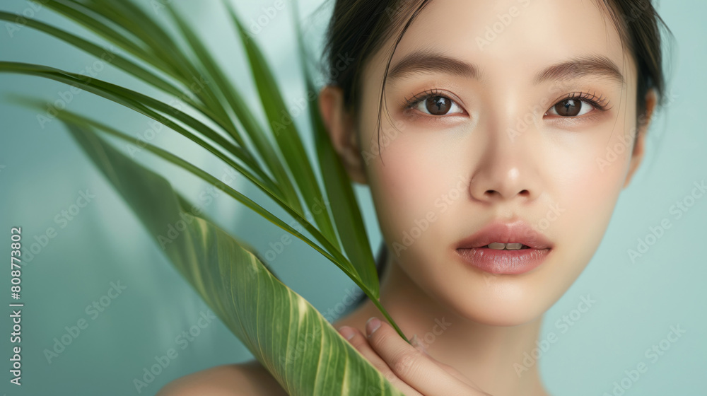 Serene korean woman with tropical leaf Serene korean woman with tropical leaf