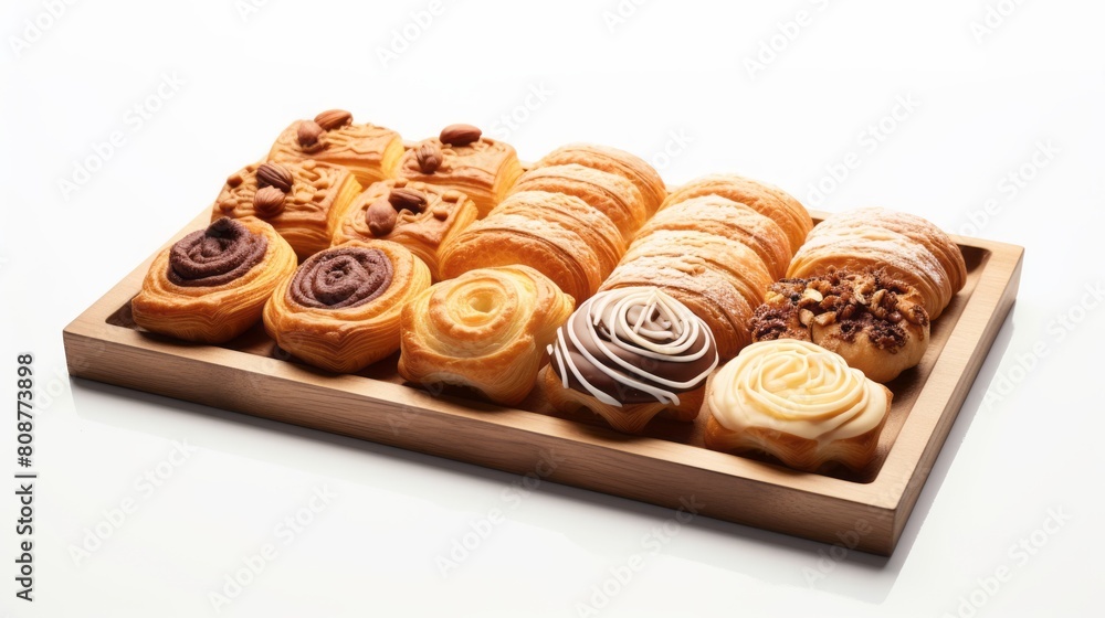 freshly baked pastries on a wooden tray golden-brown cinnamon rolls, flaky croissants, and nut-topped freshly baked pastries on a wooden tray golden-brown cinnamon rolls, flaky croissants, and nut-topped