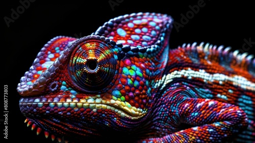 Chameleon with vibrant colors and a distinctive crest on its head.