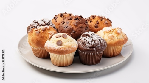 muffins with different toppings, including chocolate chips and powdered sugar against a white background.