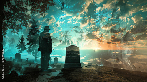 A poignant scene of a veteran visiting a grave with the background melting into a surreal landscape of memories and scenes from military life blending reality with thoughts. photo