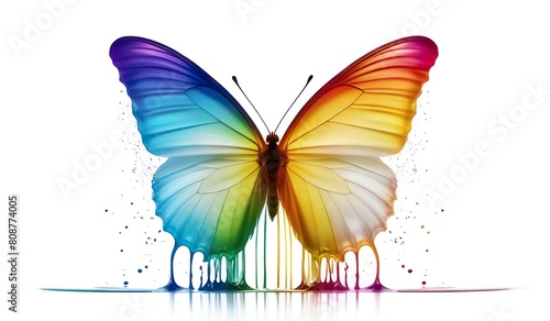 image of rainbow liquid splash emanating from a white butterfly against a white background. Ensure the liquid appears to flow gracefully, with its colors spreading perfectly