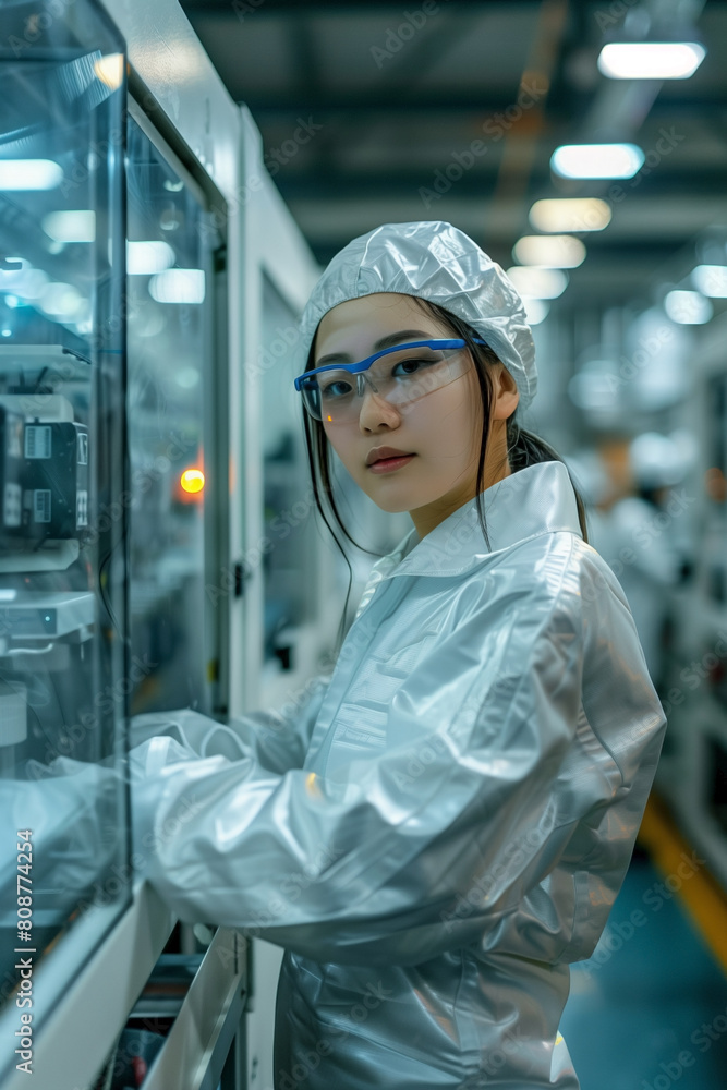 Asian female engineer operating robotic arms with safety glasses in a high-tech lab looking at camera. Asian female engineer operating robotic arms with safety glasses in a high-tech lab looking at camera.
