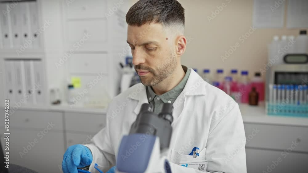 Focused man wearing safety glasses conducts research using a microscope in an indoor laboratory. Focused man wearing safety glasses conducts research using a microscope in an indoor laboratory.