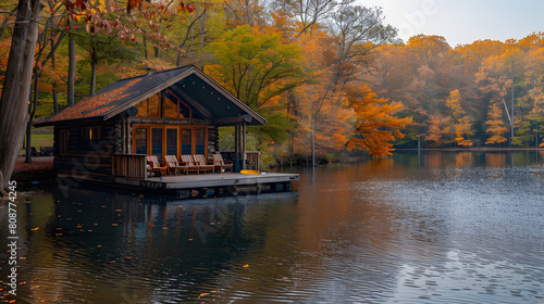 A photo featuring a tranquil lakeside retreat in the midst of autumn foliage. Highlighting the vibrant colors of fall and the peaceful waterside setting, while surrounded by rustling leaves