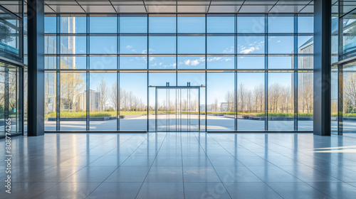 Modern office lobby with glass facade and outdoor view